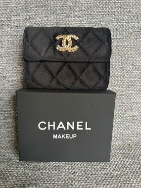 Black Velvet Quilted Small Tri-Fold Wallet with Gold and Crystal CC Accent